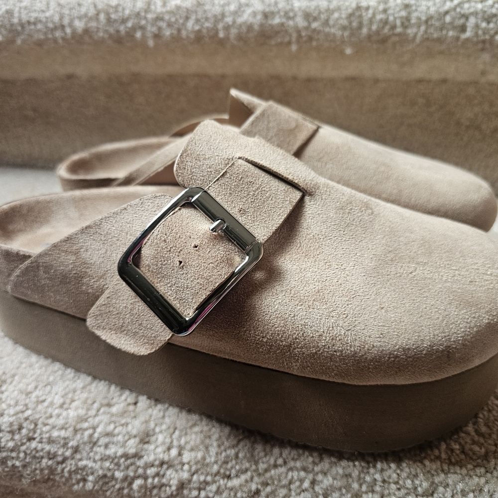 Suede Platform Mule Slides in Light Taupe